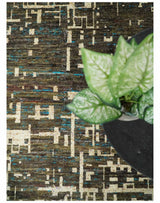 8x10 Hand Knotted Charcoal And Beige Modern Contemporary Recycled Silk Area Rug