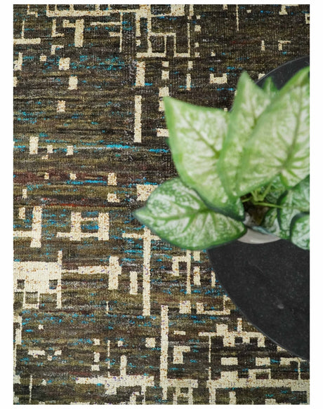 8x10 Hand Knotted Charcoal And Beige Modern Contemporary Recycled Silk Area Rug