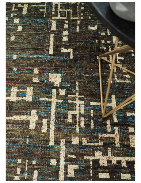 8x10 Hand Knotted Charcoal And Beige Modern Contemporary Recycled Silk Area Rug