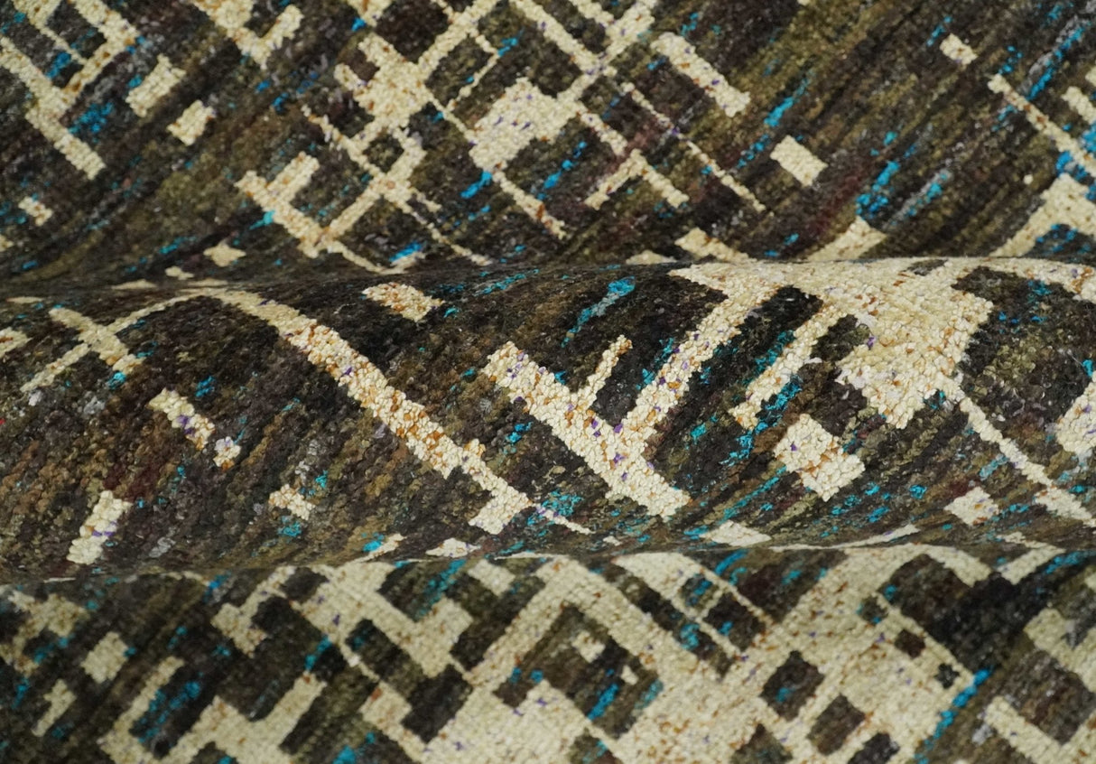 8x10 Hand Knotted Charcoal And Beige Modern Contemporary Recycled Silk Area Rug