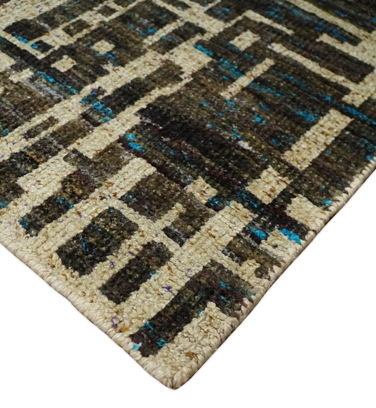 8x10 Hand Knotted Charcoal And Beige Modern Contemporary Recycled Silk Area Rug
