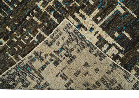 8x10 Hand Knotted Charcoal And Beige Modern Contemporary Recycled Silk Area Rug