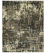 8x10 Hand Knotted Charcoal And Beige Modern Contemporary Recycled Silk Area Rug