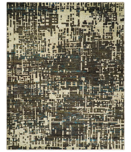 8x10 Hand Knotted Charcoal And Beige Modern Contemporary Recycled Silk Area Rug
