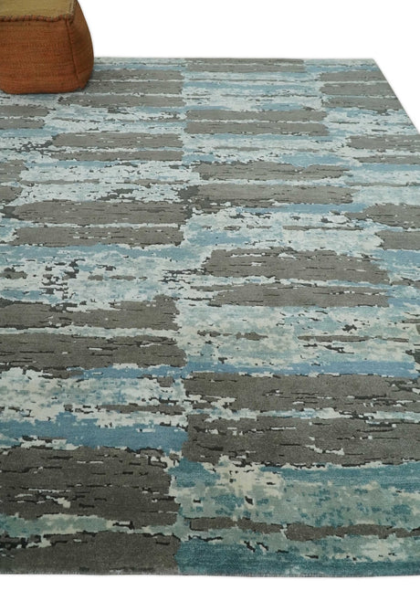 8x10 Hand Knotted Charcoal, Ivory and Aqua Modern Abstract Wool Area Rug