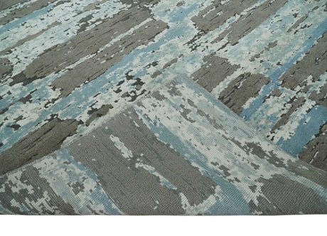 8x10 Hand Knotted Charcoal, Ivory and Aqua Modern Abstract Wool Area Rug