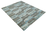 8x10 Hand Knotted Charcoal, Ivory and Aqua Modern Abstract Wool Area Rug