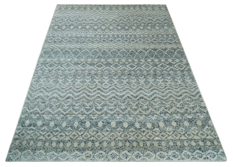 8x10 Hand Knotted Ivory and Blue Modern Contemporary Southwestern Tribal Trellis Recycled Silk Area Rug