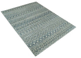 8x10 Hand Knotted Ivory and Blue Modern Contemporary Southwestern Tribal Trellis Recycled Silk Area Rug