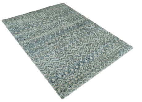 8x10 Hand Knotted Ivory and Blue Modern Contemporary Southwestern Tribal Trellis Recycled Silk Area Rug