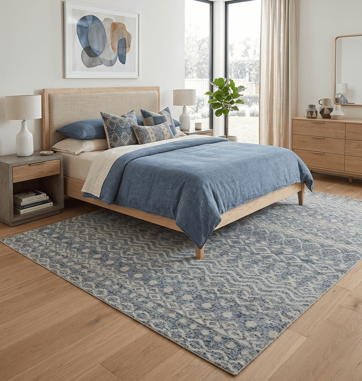 8x10 Hand Knotted Ivory and Blue Modern Contemporary Southwestern Tribal Trellis Recycled Silk Area Rug
