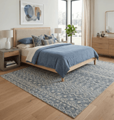 8x10 Hand Knotted Ivory and Blue Modern Contemporary Southwestern Tribal Trellis Recycled Silk Area Rug