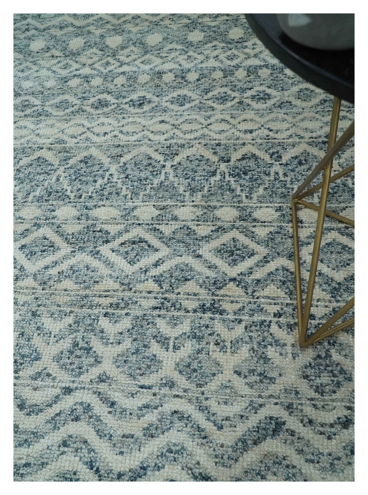8x10 Hand Knotted Ivory and Blue Modern Contemporary Southwestern Tribal Trellis Recycled Silk Area Rug