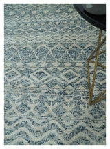 8x10 Hand Knotted Ivory and Blue Modern Contemporary Southwestern Tribal Trellis Recycled Silk Area Rug