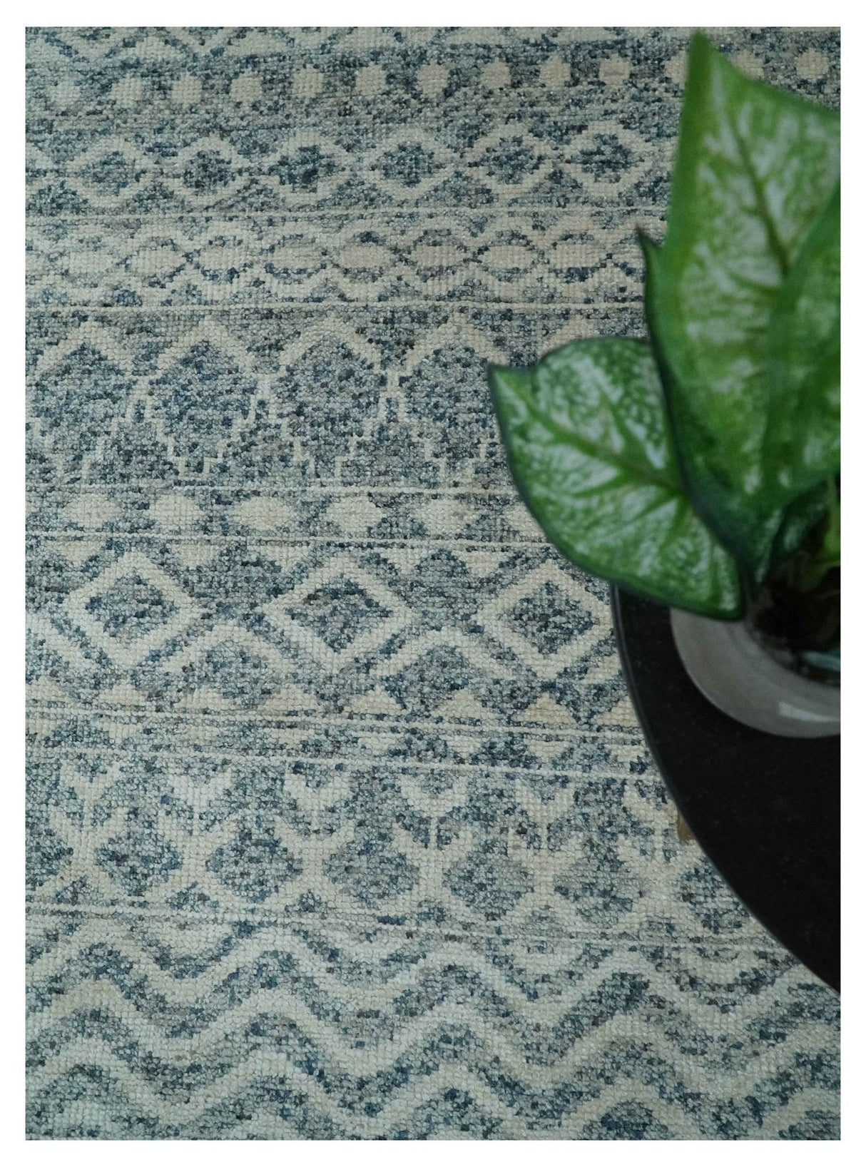 8x10 Hand Knotted Ivory and Blue Modern Contemporary Southwestern Tribal Trellis Recycled Silk Area Rug