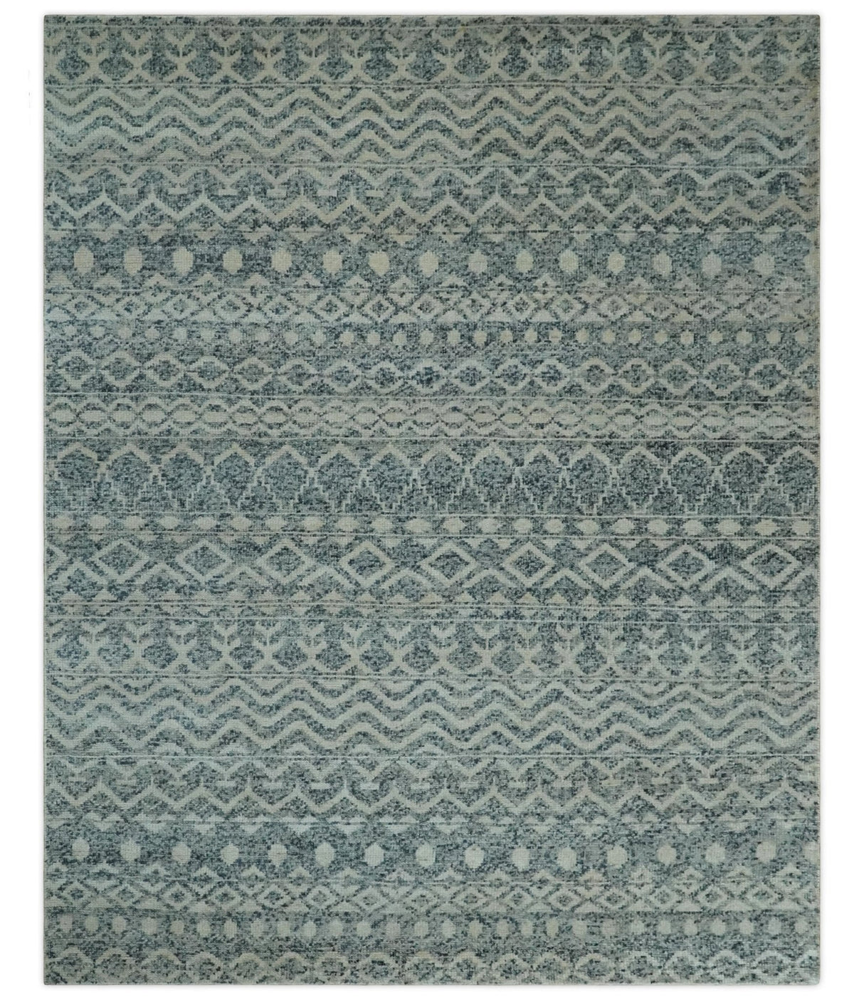 8x10 Hand Knotted Ivory and Blue Modern Contemporary Southwestern Tribal Trellis Recycled Silk Area Rug