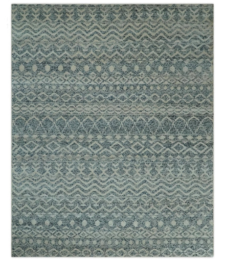 8x10 Hand Knotted Ivory and Blue Modern Contemporary Southwestern Tribal Trellis Recycled Silk Area Rug