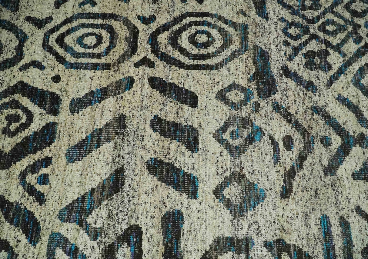 8x10 Hand Knotted Ivory and Charcoal Modern Contemporary Recycled Silk Area Rug