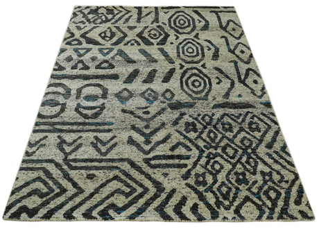 8x10 Hand Knotted Ivory and Charcoal Modern Contemporary Recycled Silk Area Rug