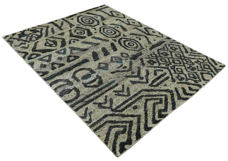 8x10 Hand Knotted Ivory and Charcoal Modern Contemporary Recycled Silk Area Rug