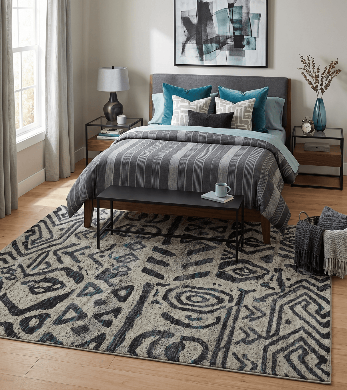 8x10 Hand Knotted Ivory and Charcoal Modern Contemporary Recycled Silk Area Rug