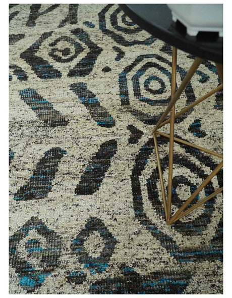 8x10 Hand Knotted Ivory and Charcoal Modern Contemporary Recycled Silk Area Rug