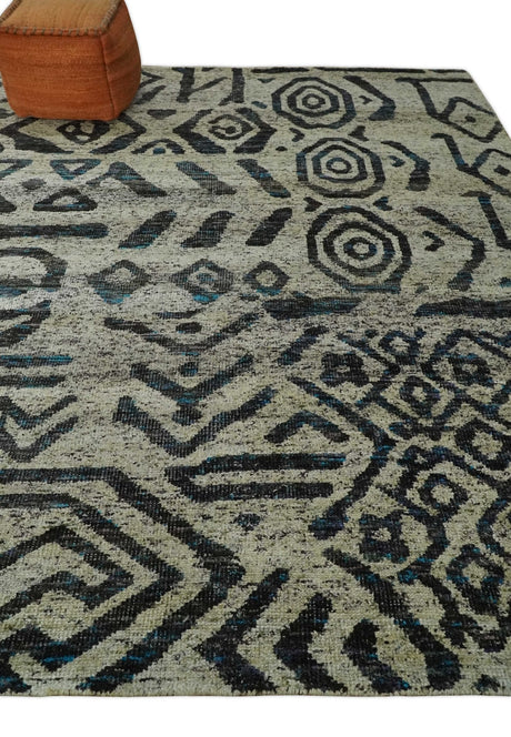 8x10 Hand Knotted Ivory and Charcoal Modern Contemporary Recycled Silk Area Rug