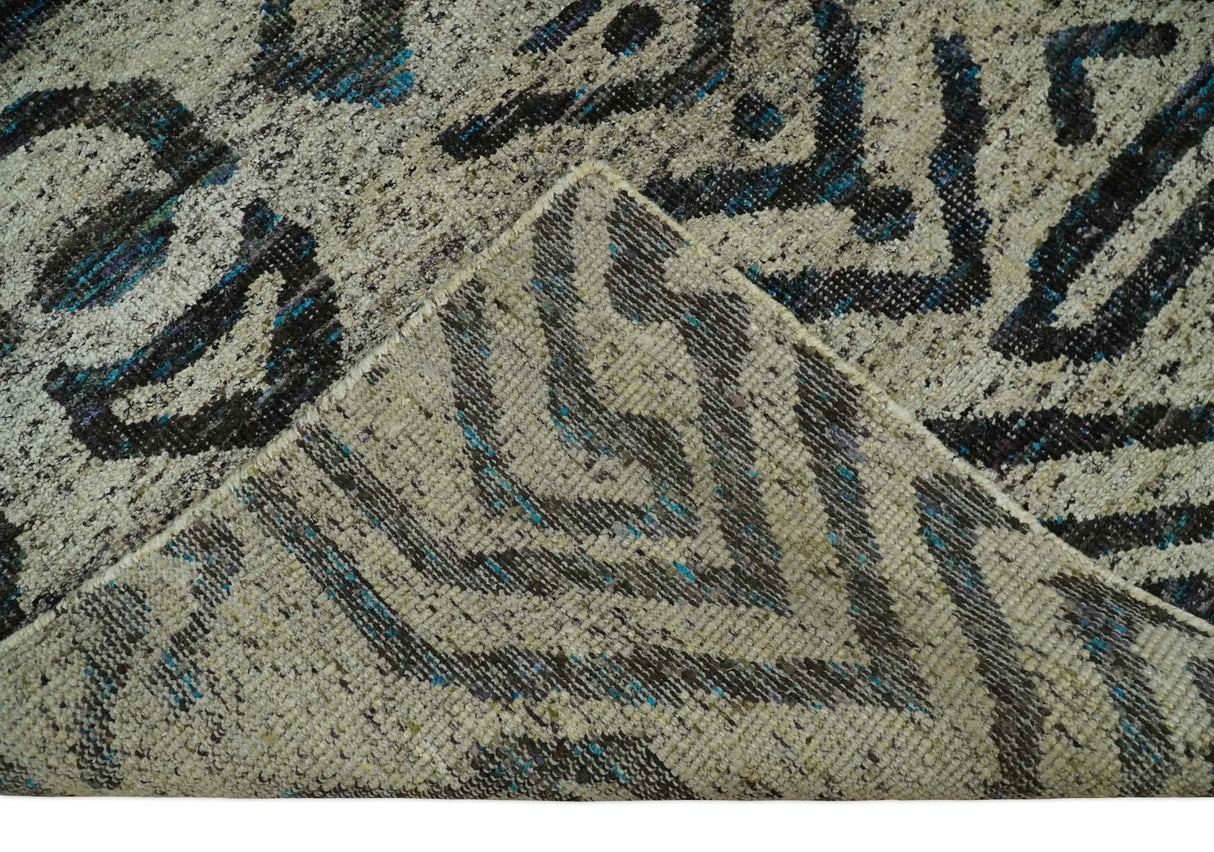 8x10 Hand Knotted Ivory and Charcoal Modern Contemporary Recycled Silk Area Rug