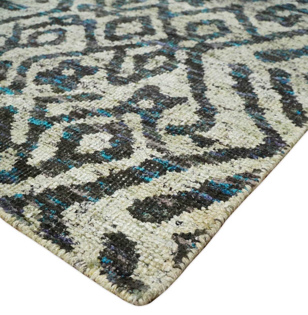 8x10 Hand Knotted Ivory and Charcoal Modern Contemporary Recycled Silk Area Rug