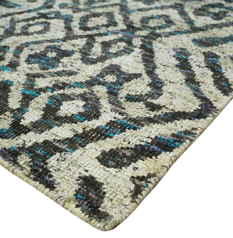 8x10 Hand Knotted Ivory and Charcoal Modern Contemporary Recycled Silk Area Rug