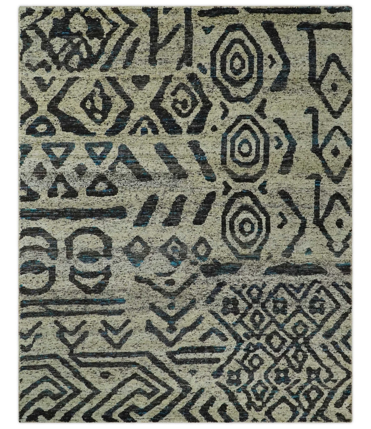 8x10 Hand Knotted Ivory and Charcoal Modern Contemporary Recycled Silk Area Rug