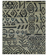8x10 Hand Knotted Ivory and Charcoal Modern Contemporary Recycled Silk Area Rug