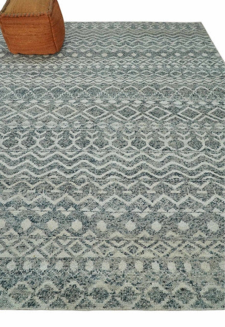 8x10 Hand Knotted Ivory and Gray Modern Contemporary Southwestern Tribal Trellis Recycled Silk Area Rug