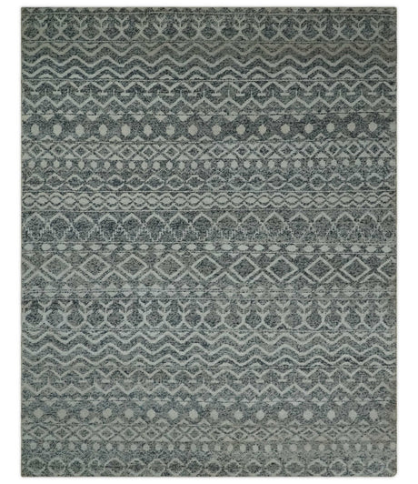 8x10 Hand Knotted Ivory and Gray Modern Contemporary Southwestern Tribal Trellis Recycled Silk Area Rug