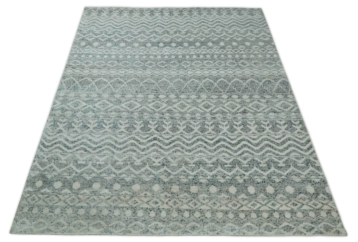 8x10 Hand Knotted Ivory, Gray and Blue Modern Contemporary Southwestern Tribal Trellis Recycled Silk Area Rug
