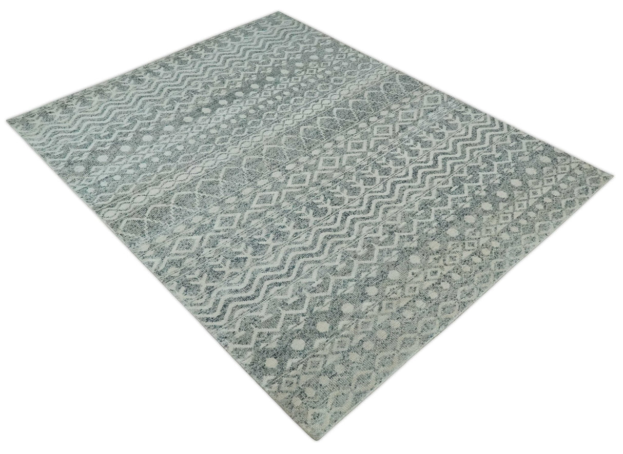8x10 Hand Knotted Ivory, Gray and Blue Modern Contemporary Southwestern Tribal Trellis Recycled Silk Area Rug