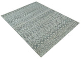 8x10 Hand Knotted Ivory, Gray and Blue Modern Contemporary Southwestern Tribal Trellis Recycled Silk Area Rug