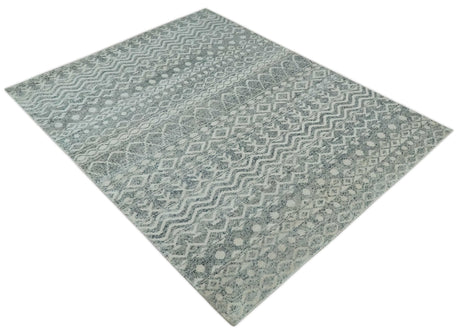8x10 Hand Knotted Ivory, Gray and Blue Modern Contemporary Southwestern Tribal Trellis Recycled Silk Area Rug
