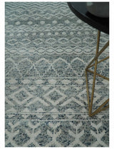 8x10 Hand Knotted Ivory, Gray and Blue Modern Contemporary Southwestern Tribal Trellis Recycled Silk Area Rug
