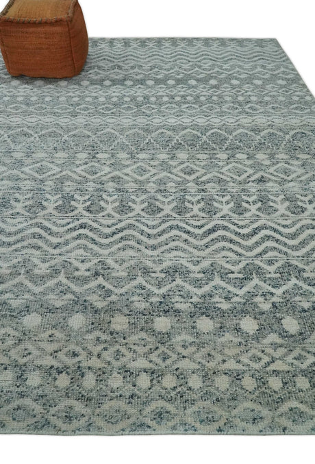 8x10 Hand Knotted Ivory, Gray and Blue Modern Contemporary Southwestern Tribal Trellis Recycled Silk Area Rug
