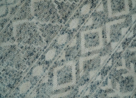 8x10 Hand Knotted Ivory, Gray and Blue Modern Contemporary Southwestern Tribal Trellis Recycled Silk Area Rug