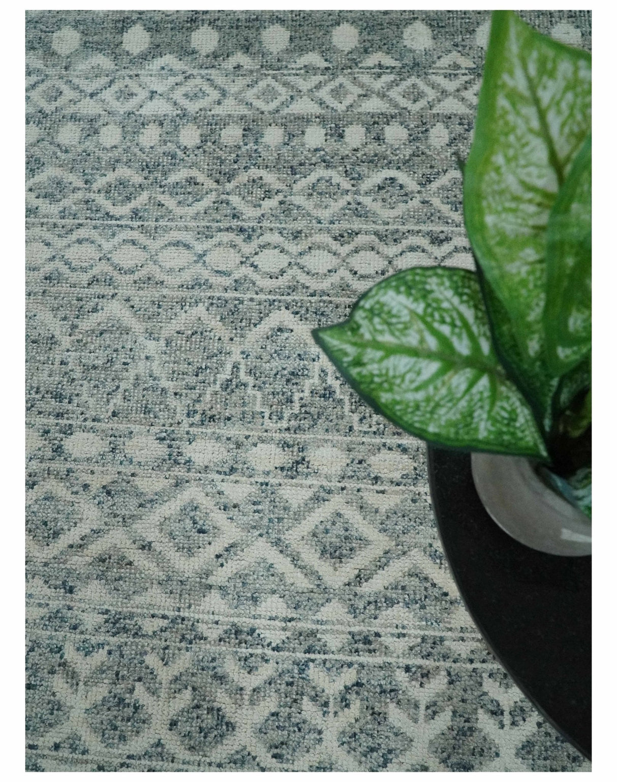 8x10 Hand Knotted Ivory, Gray and Blue Modern Contemporary Southwestern Tribal Trellis Recycled Silk Area Rug