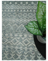 8x10 Hand Knotted Ivory, Gray and Blue Modern Contemporary Southwestern Tribal Trellis Recycled Silk Area Rug
