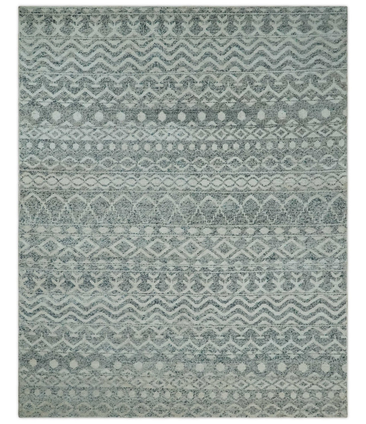 8x10 Hand Knotted Ivory, Gray and Blue Modern Contemporary Southwestern Tribal Trellis Recycled Silk Area Rug