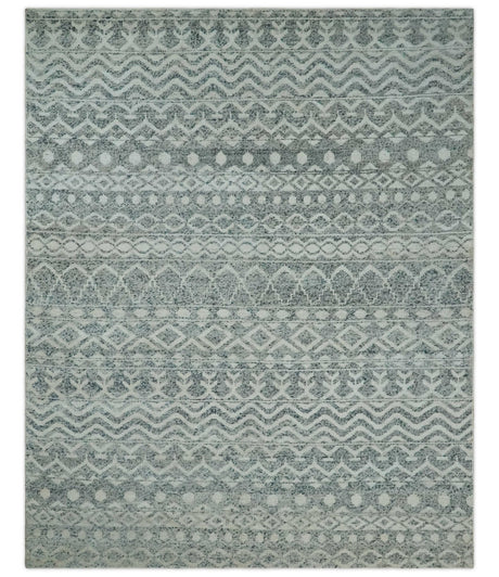 8x10 Hand Knotted Ivory, Gray and Blue Modern Contemporary Southwestern Tribal Trellis Recycled Silk Area Rug