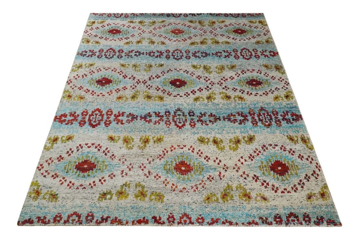 8x10 Hand Knotted Ivory, Red and Blue Persian Recycled Silk Area Rug