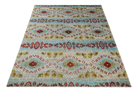 8x10 Hand Knotted Ivory, Red and Blue Persian Recycled Silk Area Rug