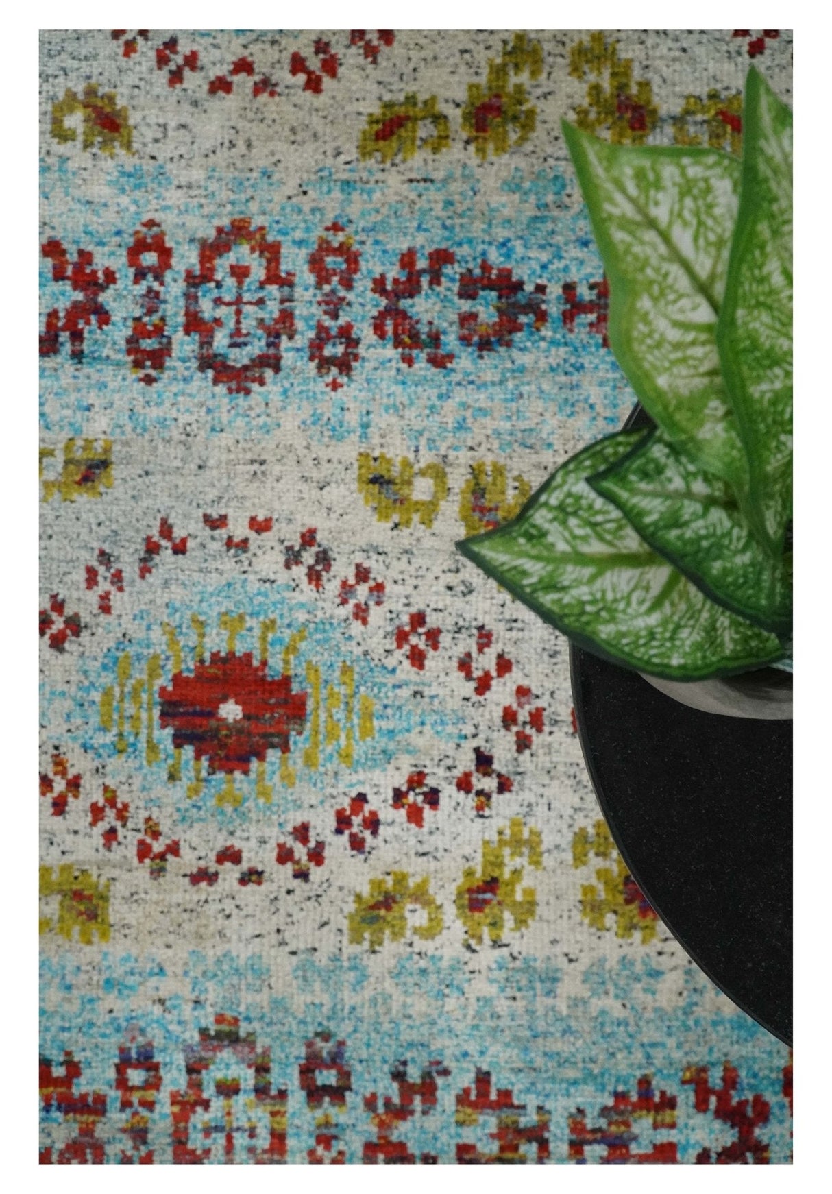 8x10 Hand Knotted Ivory, Red and Blue Persian Recycled Silk Area Rug
