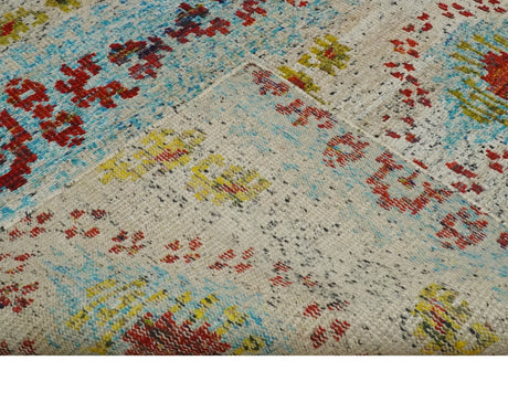 8x10 Hand Knotted Ivory, Red and Blue Persian Recycled Silk Area Rug