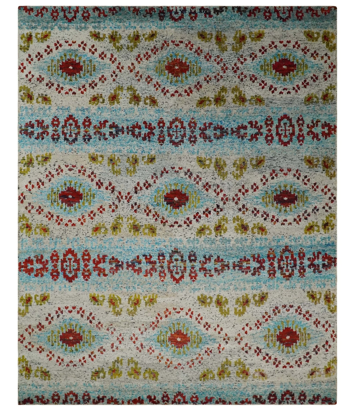 8x10 Hand Knotted Ivory, Red and Blue Persian Recycled Silk Area Rug